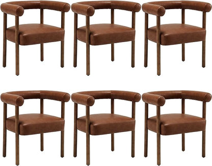 Mid-Century Modern Dining Chairs Set of 6, Armrest Barrel Dining Chairs Side Accent Chairs with Curved Back, Upholstered Wood Armchairs for Kitchen, PU Leather Brown