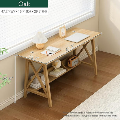 Extra Long Desk with Bookshelf - Wooden Home Office Work Study Table, Writing Computer Workstation with Storage Shelf in Oak, 47" Wx16 Dx30 H
