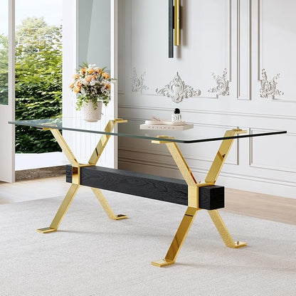 Glass Dining Table 71"｜Modern Dining Table for 6-8｜0.4" Thick Tempered Glass Top｜Chrome Gold Metal Legs｜Black Crossbar｜Easy Assembly｜Perfect for Dining Room or Kitchen