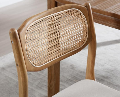 EALSON Farmhouse Rattan Dining Chairs Set of 2 Modern Mid Century Wood Dining Room Chairs with Cane Back Upholstered Linen Kitchen Side Chairs for Living Dining Room,Beige