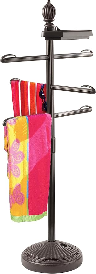 O2COOL Pool & Spa Valet, Adjustable Pool & Patio Towel Holder with Weighted Base, Outdoor Towel Bar, Poolside Table, Bronze