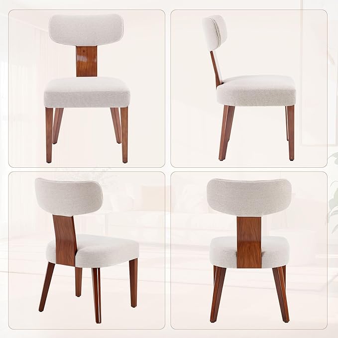 Dining Chairs, Mid-Century Modern Upholstered Kitchen Chairs with Curved Backrest and Linen Fabric Seat, Wood Leg Accent Chairs for Dining Room, Living Room, Bedroom, Linen Beige