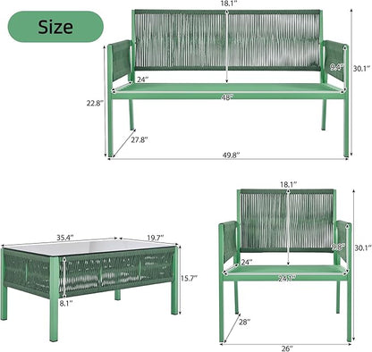 4-Piece Rope Outdoor Furniture Set, Patio Conversation Set with Tempered Glass Table, Rope-Woven Furniture Set with Deep Seat Design for Backyards, Balconies, Fluorescent Yellow & Green