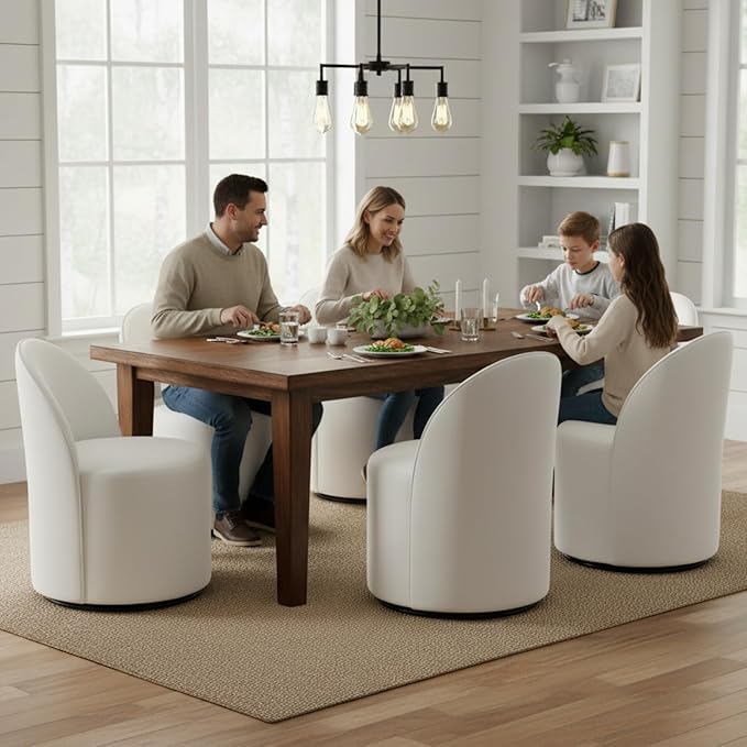 Modern Barrel Chair Swivel Base White Accent Chair 360°Rotating Vanity Chair Mid-Century Dining Side Chair Kitchen Chair for Living Room, Bedroom, Home, Office, Kitchen