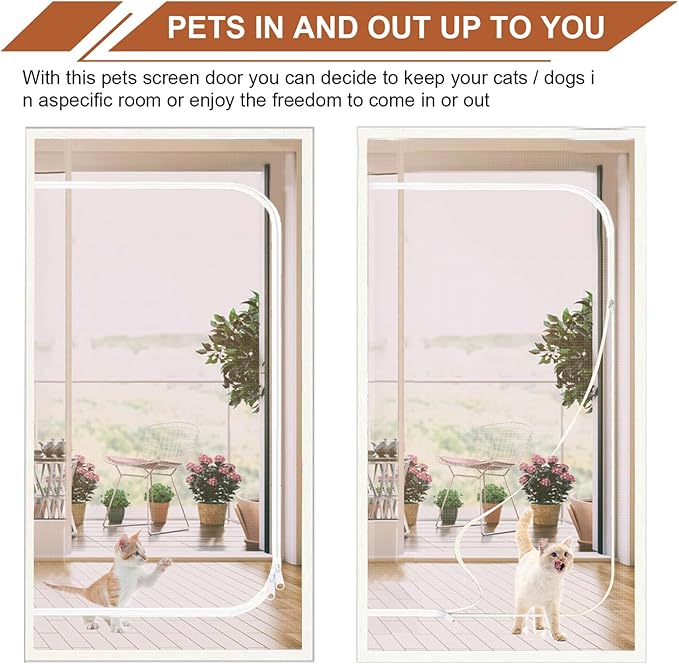 Reinforced Cat Screen Door Fits Door Size 34''x 82'', Heavy Duty Pets Proof Screen Door with Zipper, Prevent Dogs Cats Running Out from Home (White)