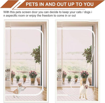Reinforced Cat Screen Door Fits Door Size 34''x 82'', Heavy Duty Pets Proof Screen Door with Zipper, Prevent Dogs Cats Running Out from Home (White)