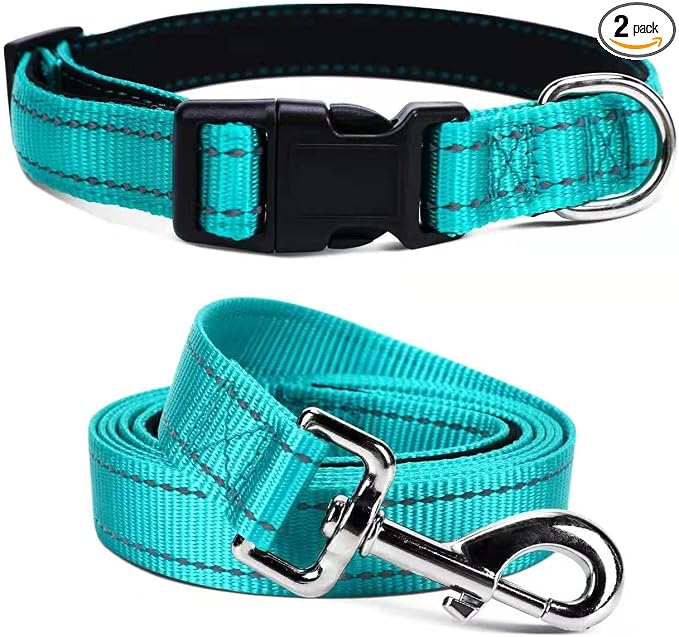 Durable Reflective Dog Collar and Leash Set with Double Layer Nylon, Soft Neoprene Padded Dog Collar with 5ft Strong Pet Leash Easy for Medium Large Dogs Walking,Teal,Neck fit 14.0-23.5’’