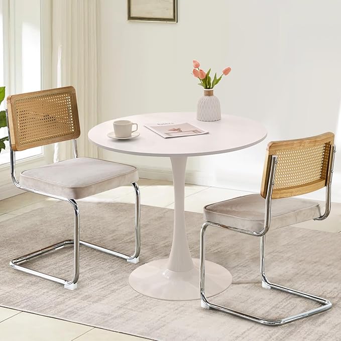 SoarFlash Kitchen Table and Chairs for 2, 31.5" Dining Table Set for 2 with Velvet Upholstered Chairs, 3 Piece Round Kitchen Table Set, Dining Room Table Set for Small Space, Apartment, Beige/White