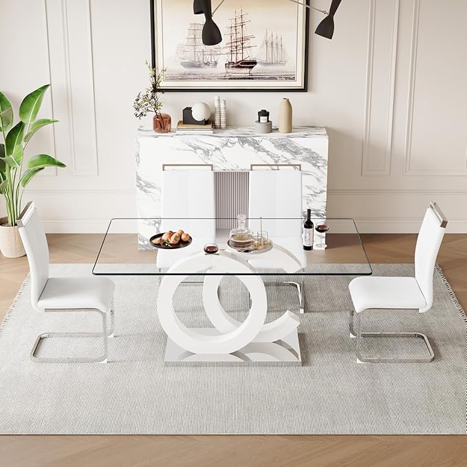 63'' Glass Dining Table Set for 4, Kitchen Table Chairs Set of 4, Clear Glass Dining Table with White unique design Leg and Silver Metal Base, 4 PU Dining Chairs with Metal Legs, Living Room, Kitchen.