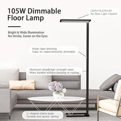 STERREN Eye-Care Led Floor Lamp,76" Tall Office Floor Lamp, 105W Black Modern Free-Standing Lamp,11100LM Bright Reading Lamp for Study Room,Living Room,Meeting Room,4000K