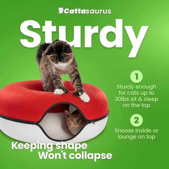 Cattasaurus Peekaboo Cat Cave, Extra Spacious for Multiple & Large Cats 12+ lbs, Scratch Detachable Cat Beds for Indoor Cats, Washable Tunnel Bed, Comfy Donut Tunnel (Ruby Snowball, Jumbo)