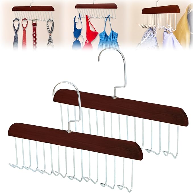 2Pcs Anti Slip Multi Hook Coat Racks,Bra Hangers for Closet Organizer with 8 Hooks 360 °Swivel Belt Hanger for Closet for Belt, Tie, Tank Top, Bra, Scarf (Brown)