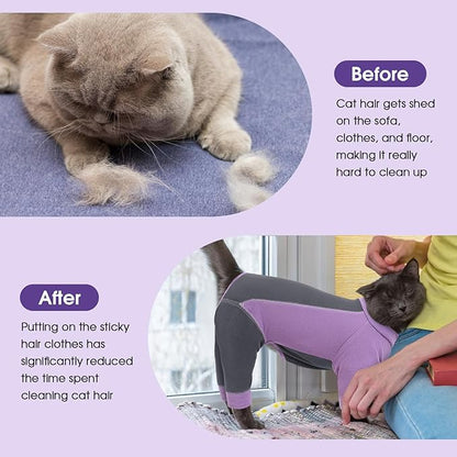 SUNFURA Hair Sticky Cat Clothes, Cat Sweater for Cats Only, 4-Legged Fleece Sweaters Kitten Pajamas Reduce Shedding Fur, Warm Pullover Shirts for Cats, Purple S