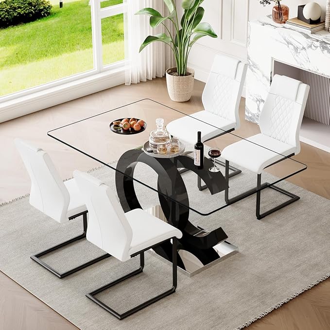 63'' Glass Dining Table Set for 4, Kitchen Table Chairs Set of 4, Clear Glass Dining Table with Black unique design Leg and Silver Metal Base, 4 PU Dining Chairs with Metal Legs, Living Room, Kitchen.