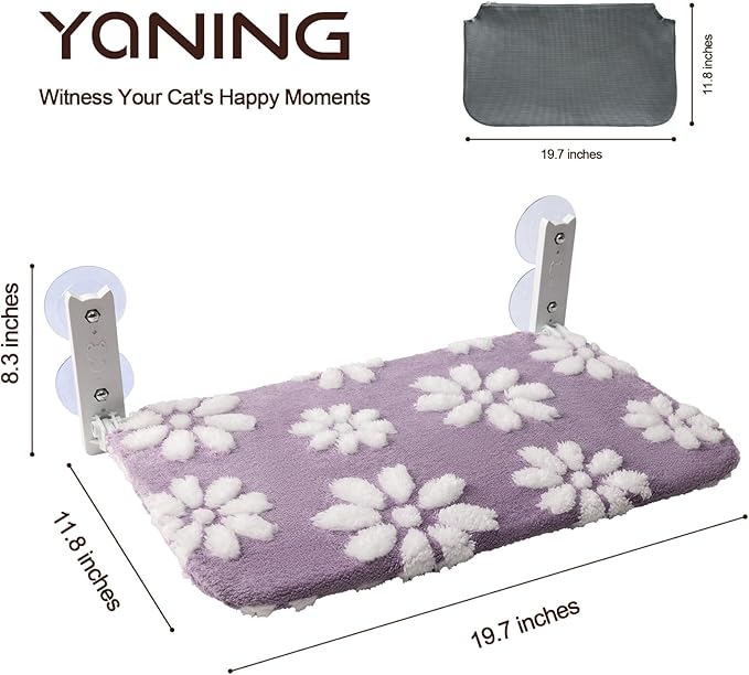 Cat Window Perch, Foldable Cat Window Hammock with Cute 3D Textured Flower Cover, Breathable Mesh Cover and Strong Suction Cups, Cordless Window Seat Bed for Indoor Cats (Purple, Medium)