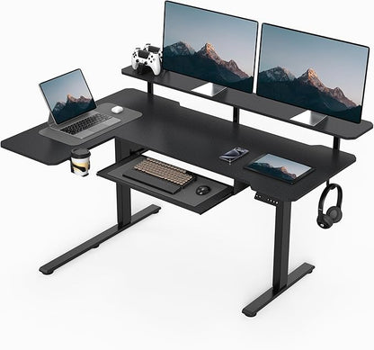 59 Inch L Shaped Standing Desk with Shelves and Keyboard, Electric Corner Standing Desk Adjustable Height, Sit Stand Computer Table with Reversiable Splice Board,Black Carbon Top