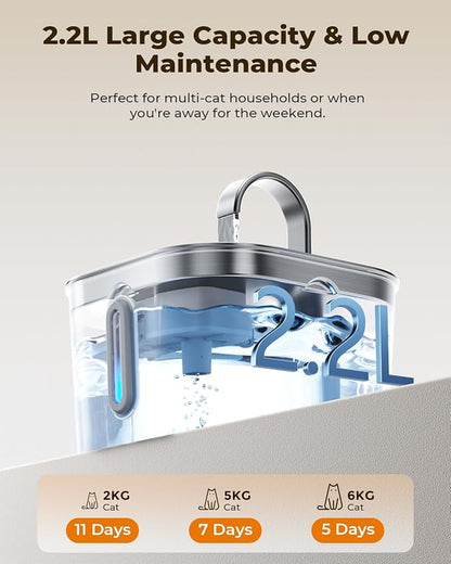 Cat Water Fountain Stainless Steel: 74oz/2.2L Cat Fountain for Drinking | Quiet Cats Water Bowl Dispenser | Pet Water Fountain for Cats Inside | Easy-to-Clean Kitty Drinking Fountains for Small Pets