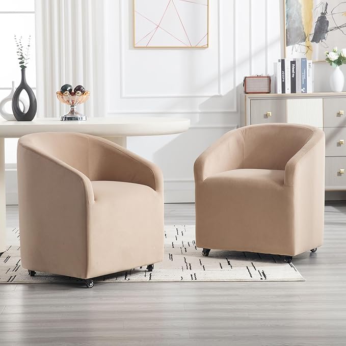 Set of 6 Modern Upholstered Dining Chairs with Swivel Casters, Velvet Barrel Back Accent Side Chair for Dining Room Living Room, Khaki