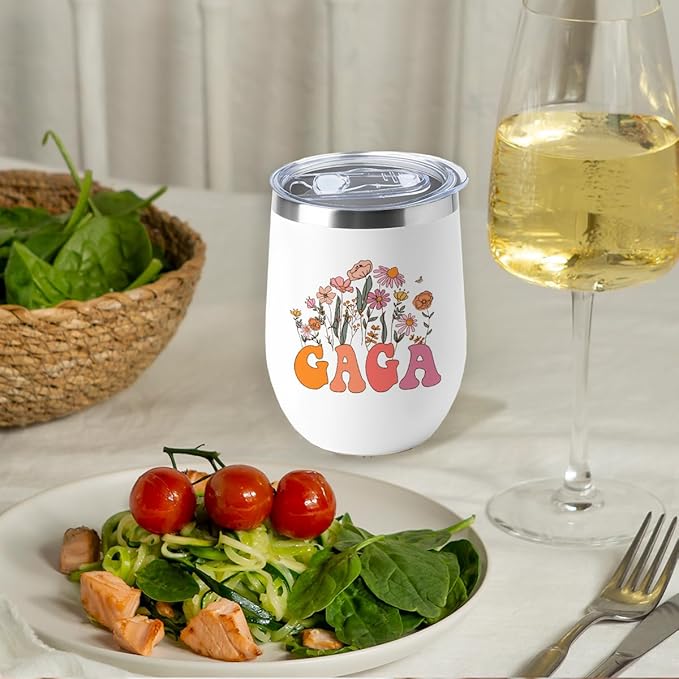 Gaga Grandma Birthday Gifts Wine Tumbler 12 oz Insulated Wine Glass Cup with Lid Straw Vacuum Insulated Travel Cup,Grandma Gifts from Granddaughter for Women Grandmother Christmas Mothers Day