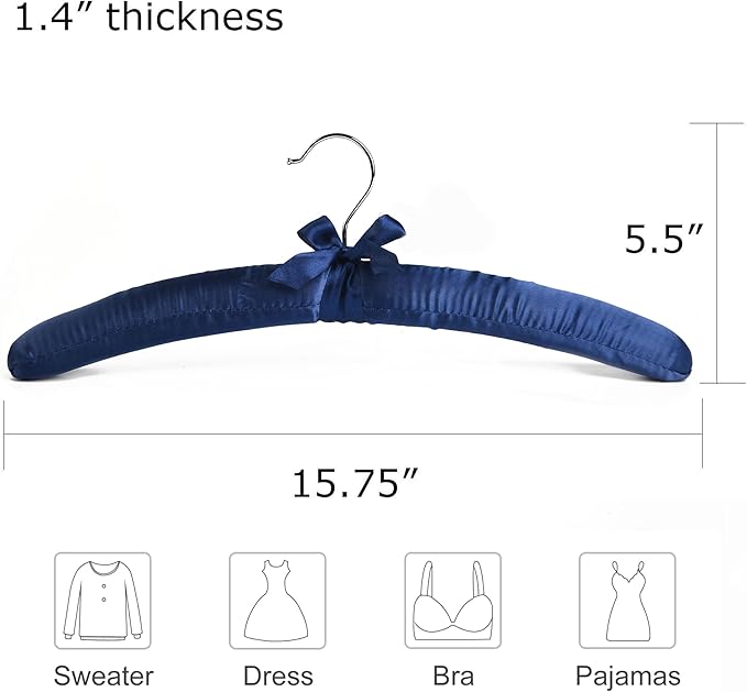 Blue Satin Padded Sweater Hangers 5 Pack, Blouse Hanger with Thick & Soft Foam for Bridal Wedding Dress Lingerie, Smooth Silk Covered Shirt Hanger Without Shoulder Bump