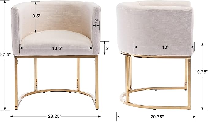 Linen Fabric Dining Chairs Set of 6 Modern Barrel Arm Chairs with Golden Frame, Upholstered Kitchen Chairs 18.5" Wide Accent Chairs for Living Room Dining Room Restaurant, Cream