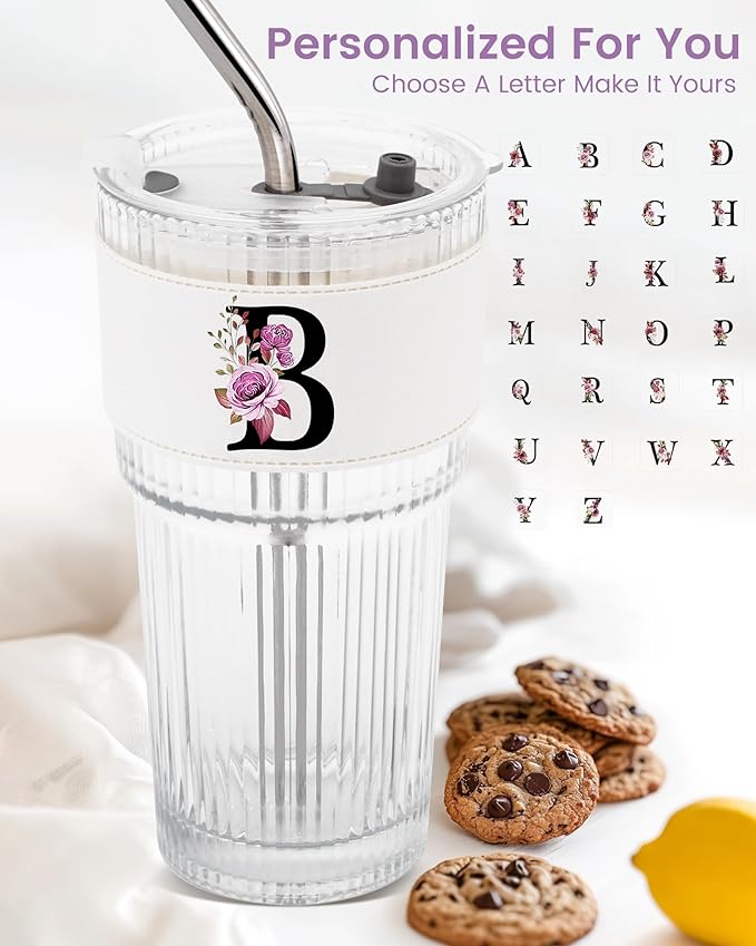 Alphabet Glass Cup with Lid Straw Ice Tea Ribbed Coffee Matcha Latte Clear Tumbler Cute Women Wife Wifey Girlfriend Gf Romantic Personalized Valentines Custom Funny Anniversary Special Day Gift B