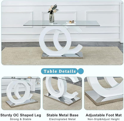 gopop 63'' Glass Dining Table, Modern Kitchen Table, Clear Glass Dinner Table with White Unique Design Leg and Silver Metal Base.(Only Table)