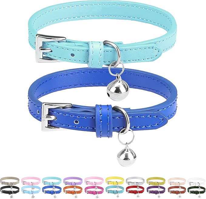 PUPTECK 2 PCS Soft Genuine Leather Cat Kitten Collar with Bells Adjustable for Girl Boy Cats Puppy - Pale Turquoise, Navy Blue