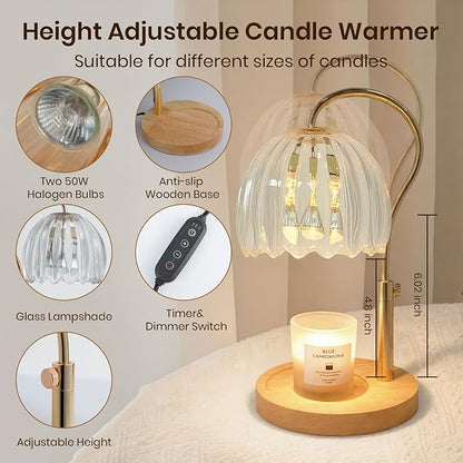 Candle Warmer Lamp with Timer & Dimmer, Height Adjustable Electric Candle Lamp Warmer for Scented Jar Candles with 2 Bulbs, Modern Home Decor Gifts for Women Mom