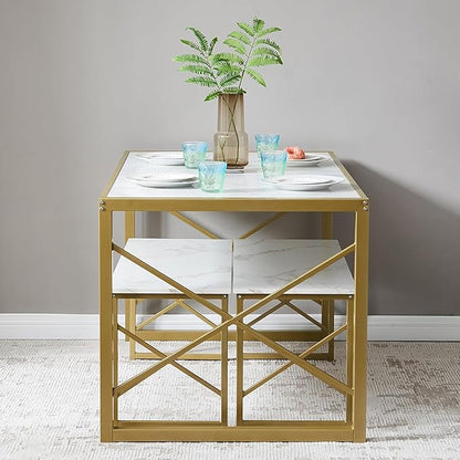 VECELO Kitchen Dining Table Benches Set for 4, 55" Wooden Dinette with 2 Benches, Heavy-Duty Dining Room Table for Small Space, Breakfast Nook, Gold