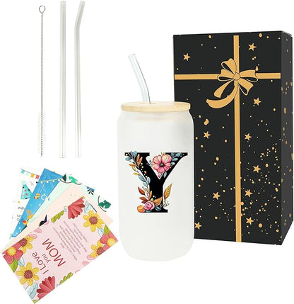 Monogrammed Glass Drinking Cup With Lid Straw Personalized Customized Post Cards Women Men Teacher Gifts Female Male Best New Appreciation Thank you Favorite Good Goodbye Retirement Friends Social,Y
