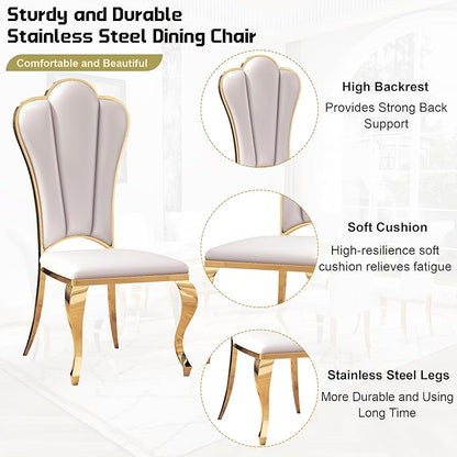 Dining Table Set for 6, 7-Piece Kitchen Table Chairs Set, Modern Dining Room Set with 70'' Marble Dinner Table and 6 Petaloid Backrest Upholstered Chairs for Kitchen, White & Gold