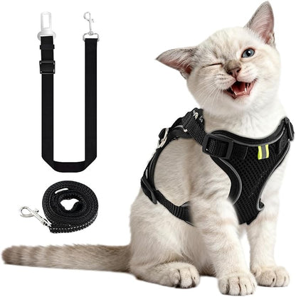 Kitten Cat Harness and Leash Set, Escape Proof Soft 4-Adjustable Cat Walking Vest Harness, Reflective Strips in Harness for Kitty Puppy Bunny Car Travel, with Car Seatbelt Leash (Black, XXS)