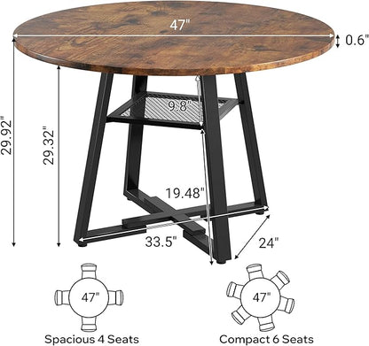 Round Dining Table for 4-6 People,47 Inch Dining Room Table,Modern Circle Kitchen Table with Storage Shelf and Metal Legs for Dining Room,Kitchen,Vintage(Table Only)