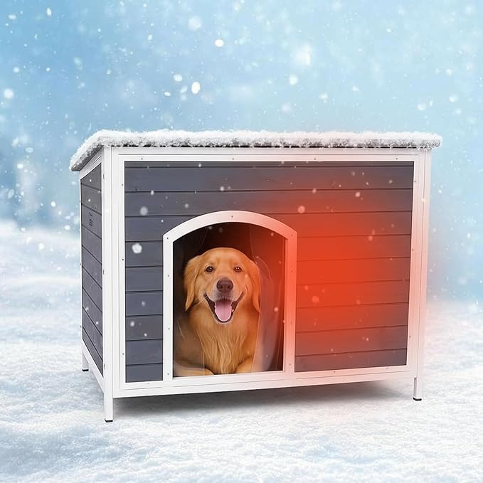 Geguri Large Outdoor Wooden Dog House for Medium to Large Dogs | Weatherproof Asphalt Roof, Chew-Resistant Frame,Indoor/Outdoor Use (Grey, 43.3" L × 26.4" W × 29.5" H)