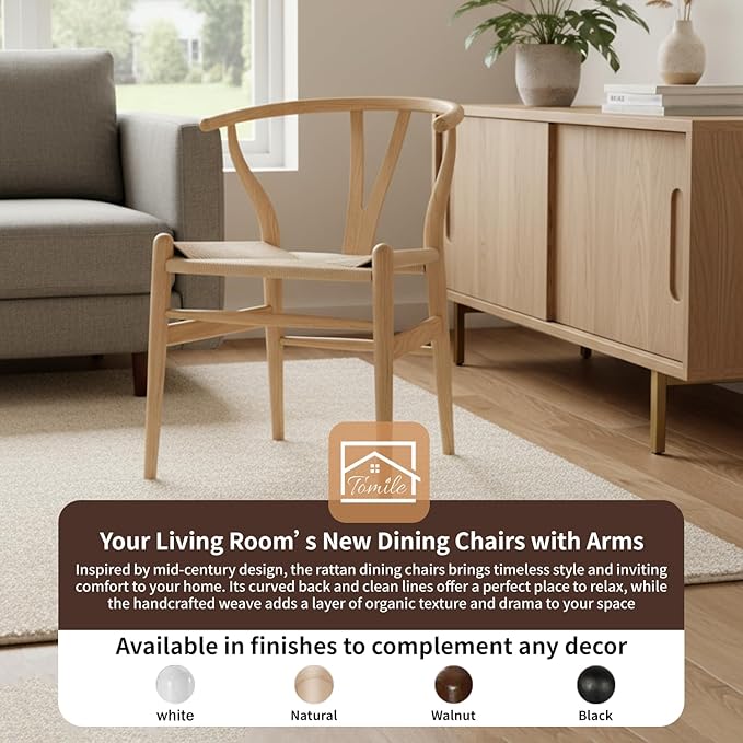 Tomile Wishbone Chair Y Chair, Wooden Dining Chairs Set of 2, Mid Century Modern Chairs with Arms, Solid Wood Weave Seat Kitchen & Dining Room Chairs (Ash Wood - Natural Wood Color)