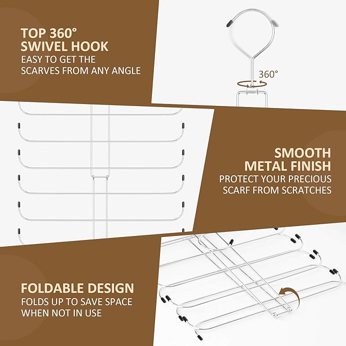 ZEDODIER Scarf Organizer Scarf Hanger for Closet, Rotatable Sturdy Hijab Holder Holds 20 Scarves, Space Saving Closet Organizers and Storage, Silver