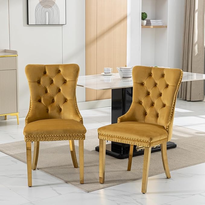 Goujxcy 7 Piece Glass Dining Table Set Modern Glass Dining Table Set for 6, 61" Rectangular Kitchen Table and 6 Velvet Upholstered Chairs, Gold Table & Gold Chair