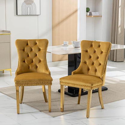 Goujxcy 7 Piece Glass Dining Table Set Modern Glass Dining Table Set for 6, 61" Rectangular Kitchen Table and 6 Velvet Upholstered Chairs, Gold Table & Gold Chair