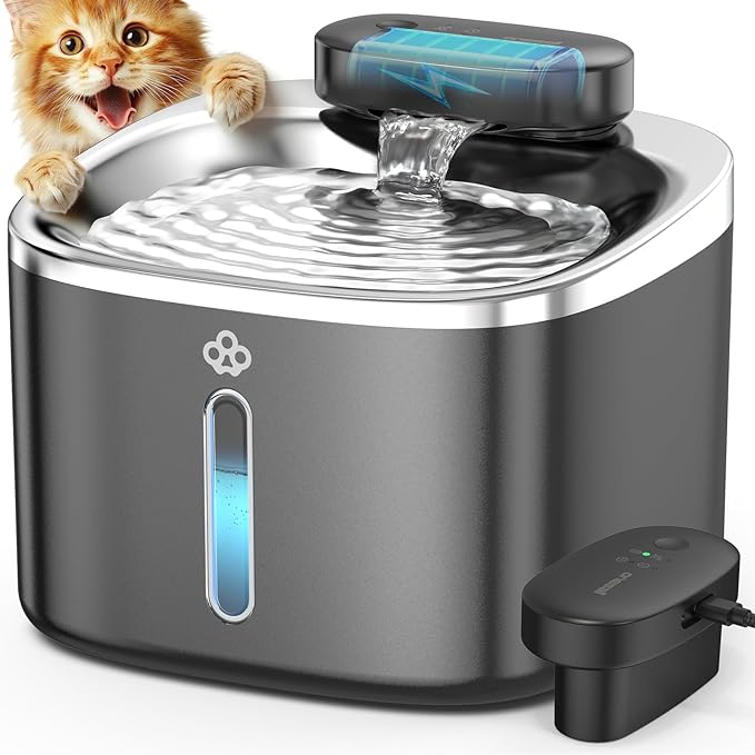 oneisall Cat Water Fountain, 3.5L/118oz Battery Operated Pet Fountain Stainless Steel, Automatic Water Fountains for Cats Indoor, Rechargeable (Hale 3.5L Black Color)