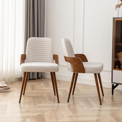 Dining Room Chairs Set of 2,Mid Century Modern Kitchen Chairs,Upholstered Beige Fabric Accent Chairs,Metal Legs Wooden Desk Chairs Armless and No Wheels for Kitchen Dining Living Room