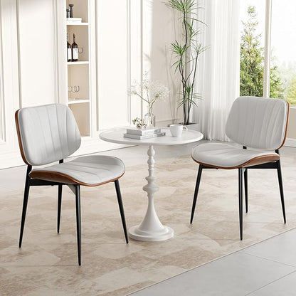 Dining Chairs Set of 4, Mid Century Modern, Upholstered Faux Leather, Walnut Bentwood Back, Metal Legs, White