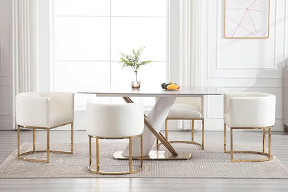 Faux Leather Dining Chairs Set of 2 Modern Barrel Arm Chairs with Golden Metal Frame, Upholstered Kitchen Chairs 18.5" Wide Accent Chairs for Living Room Dining Room Restaurant, White
