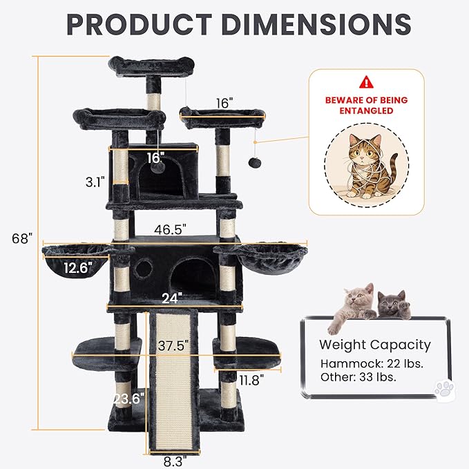 SHA CERLIN 68 Inches Multi-Level Large Cat Tree for Large Kitties/Big Cat Tower with Condo/Cozy Plush ‌Pussycat Perches/Sisal Scratching Posts and Hammocks/Activity Center/Dark Grey