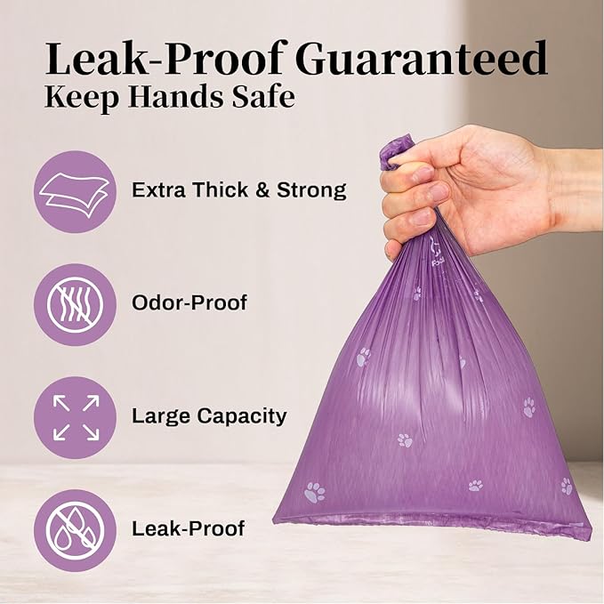 870 Counts Dog Poop Bags Rolls with Dispenser & Leash Clip, Scented Poop Bags for Dogs Waste, Extra Thick & Leak Proof for Poop Doggie Puppy Pet Waste, 9" x 13", Purple