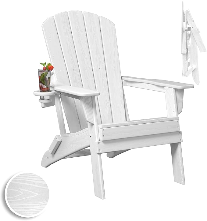 Plawdlik Folding Adirondack Chair, SGS Tested, Wooden Textured with Cup Holder, Heavy All-Weather HDPE Comfortable Set Poolside Backyard Lawn White