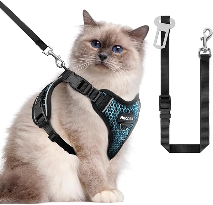 Cat Harness and Leash for Walking Escape Proof Soft Adjustable Cat Leash Breathable Honeycomb Structure Comfortable Vest Easy to Wear Kitten Harness for Outdoor Travel, Honeycomb Blue, M