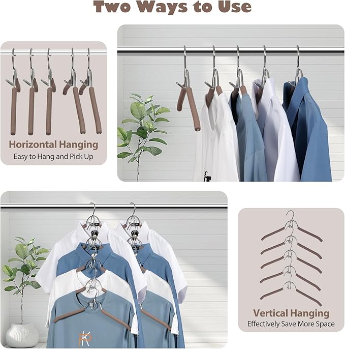 VWV Hangers, Space Saving Hanger, Heavy-Duty Stainless Steel Sweater and Shirt Hanger, Wardrobe Organizer (Brown, 10 Pack)