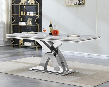 Goujxcy 68" Luxury Marble Dining Table for 6-8, Modern Rectangle White Faux Marble Kitchen Dining Room Table with Silver X-Shape Stainless Steel Pedestal Base for Kitchen Dining Room