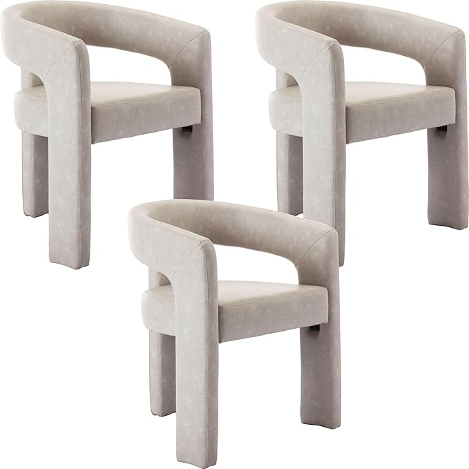 Set of 3 Modern PU Leather Upholstered Dining Chairs with Open-Back, Cute Barrel Side Chairs Kitchen Armchair Accent Chairs for Dining Room Bedroom, Grey